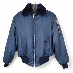 Flight Jacket Vintage Nylon Faux Sherpa Fleece Lined Men's Blue Bomber Jacket